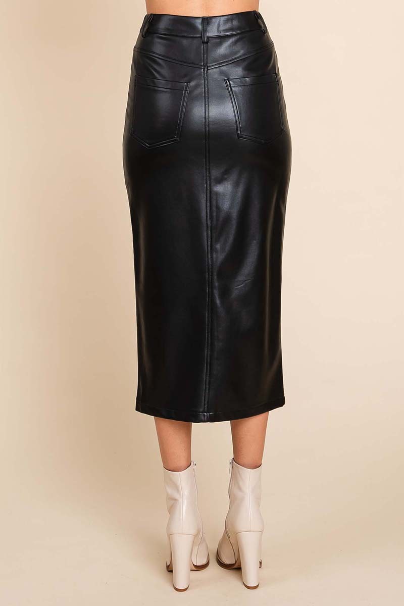 Black Faux Leather Split Skirt