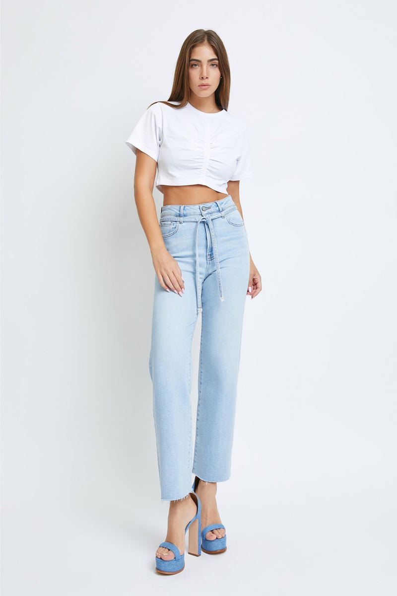 Ella Hidden Light Wash Tie Straight Jean