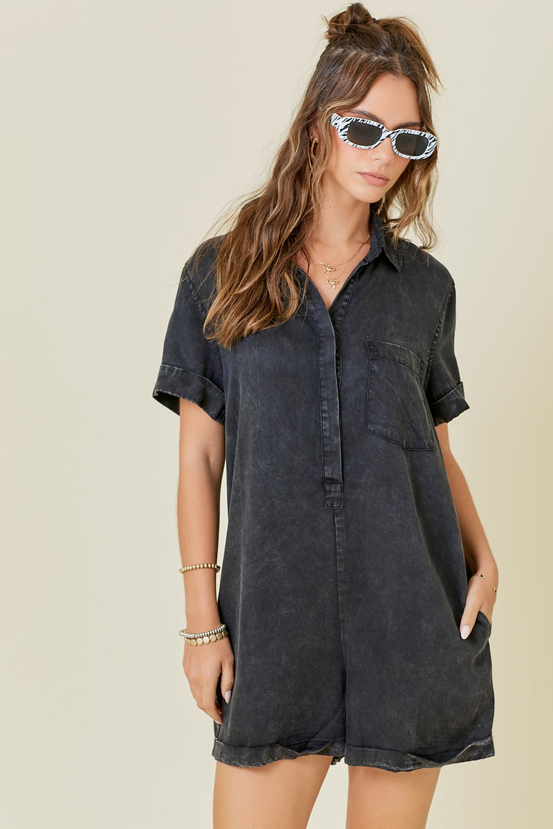 Black Washed Denim Shirt Romper