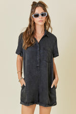 Black Washed Denim Shirt Romper